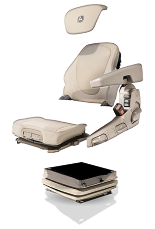 Siège John Deere beige avec appui-tête, accoudoirs réglables et base de suspension à plusieurs niveaux pour tracteurs et machines agricoles