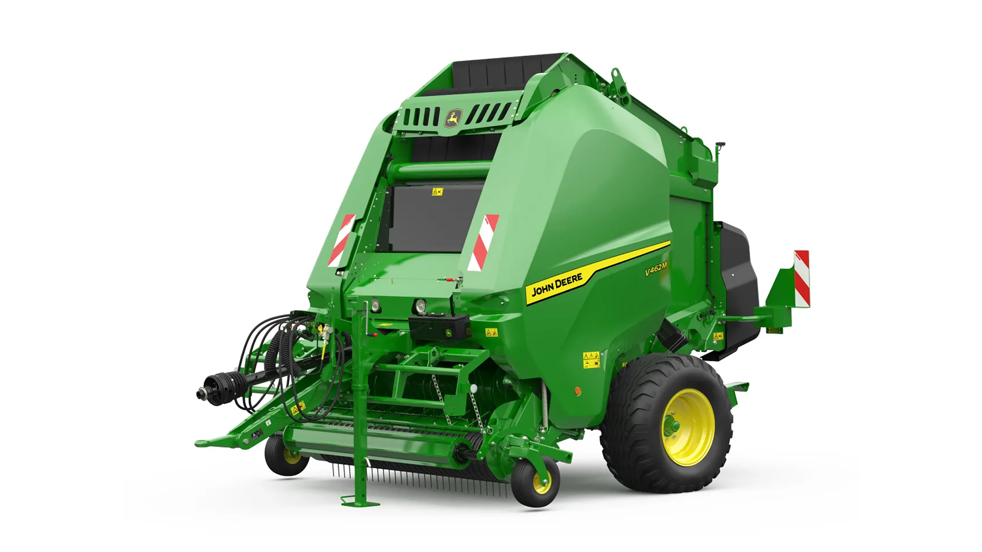 Presse à balles John Deere V462M de profil, équipée de roues jaunes et bandeau noir