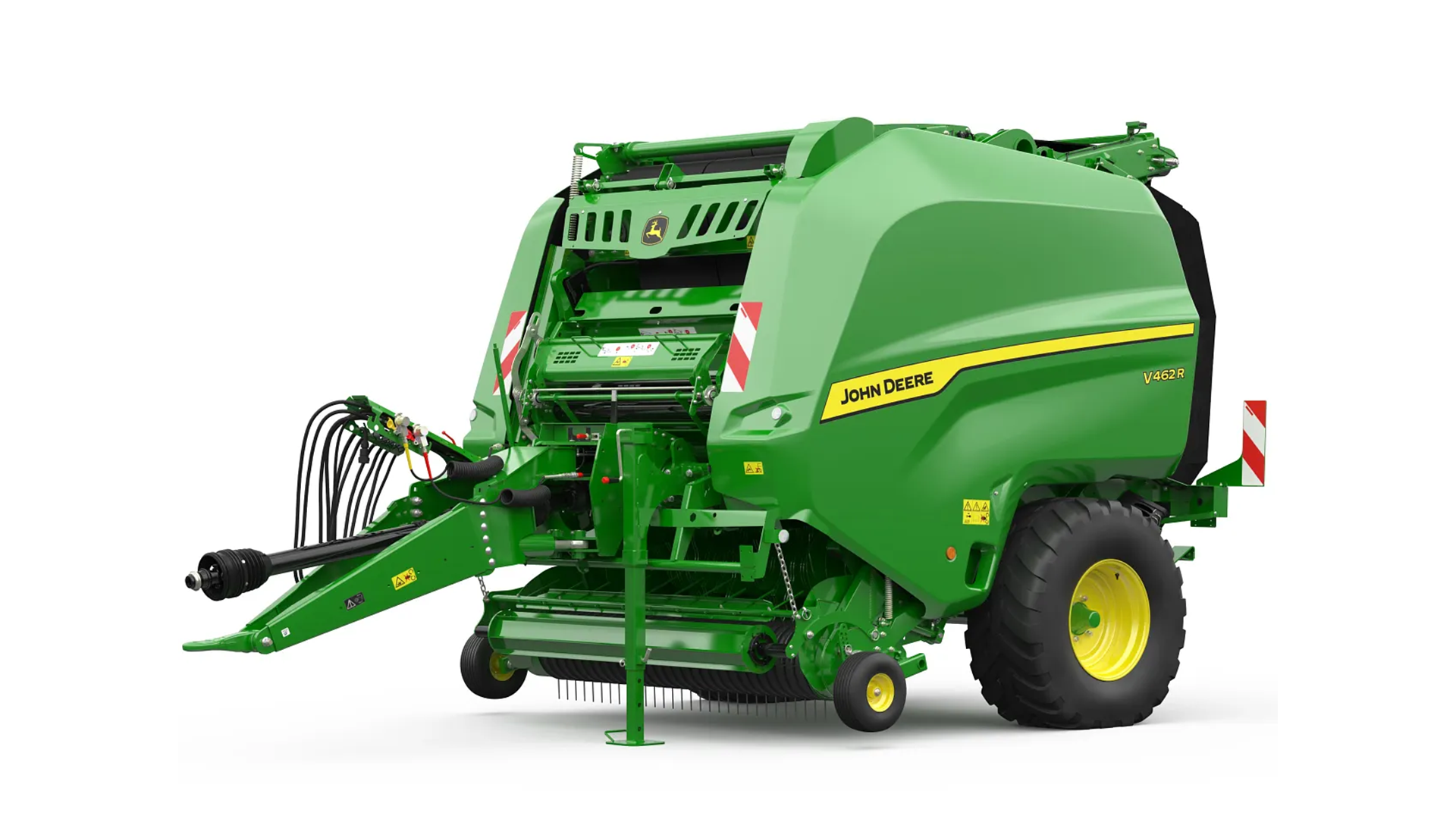 Presse à balles John Deere V462R vue latérale avec système de distribution de fourrage