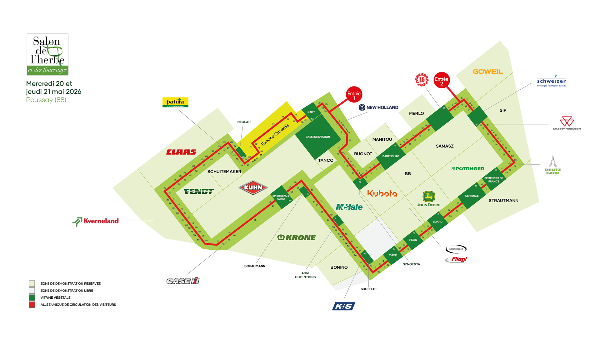 Plan du Salon de l'Herbe avec emplacements des exposants agricoles, zones de démonstration libre et réservée, allée de circulation visiteurs, à Poussay (88) mercredi 20 et jeudi 21 mai 2026