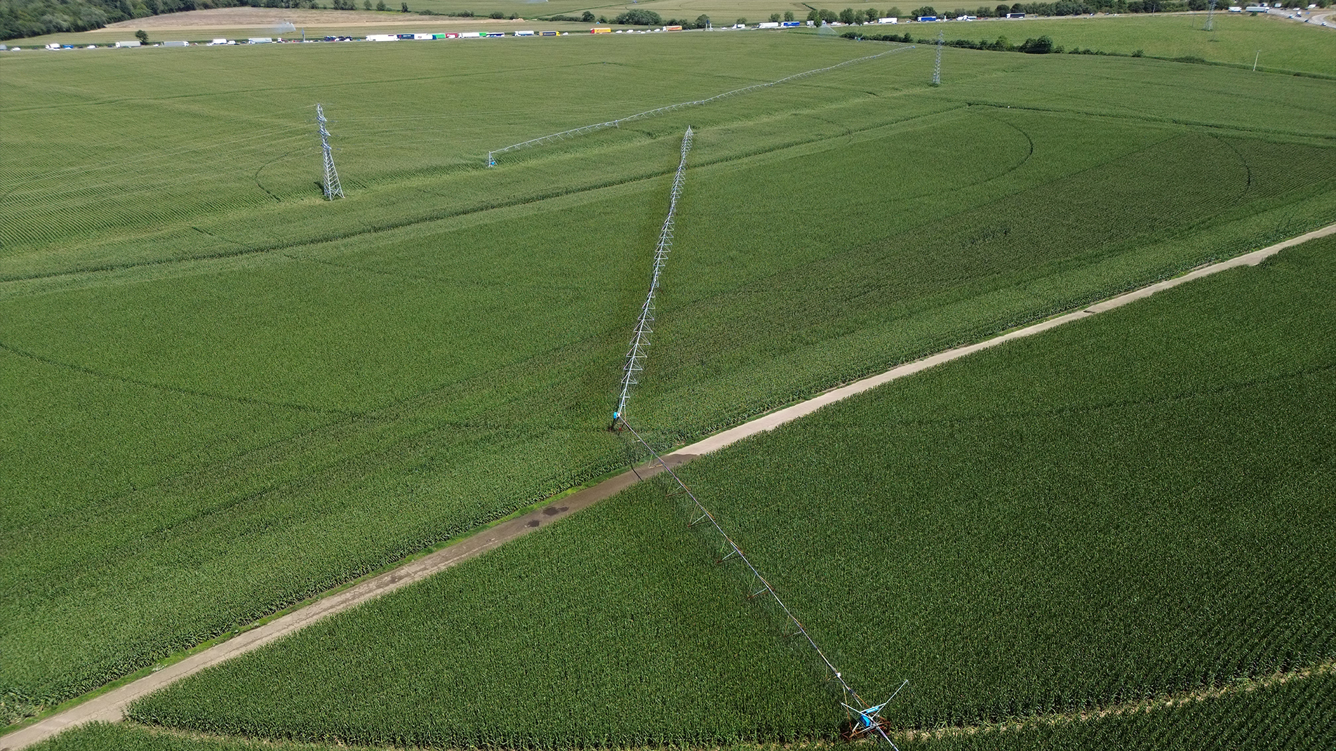 Vue aérienne d'un pivot d'irrigation déployé sur une grande parcelle de maïs, avec un chemin agricole traversant le champ.