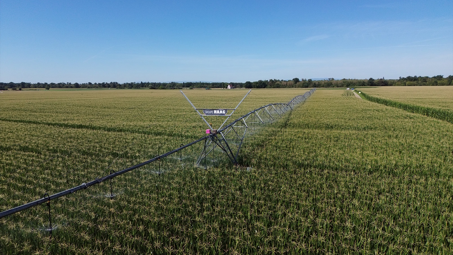 Pivot d'irrigation Groupe HAAG en fonctionnement sur une grande parcelle céréalière, sous un ciel dégagé.